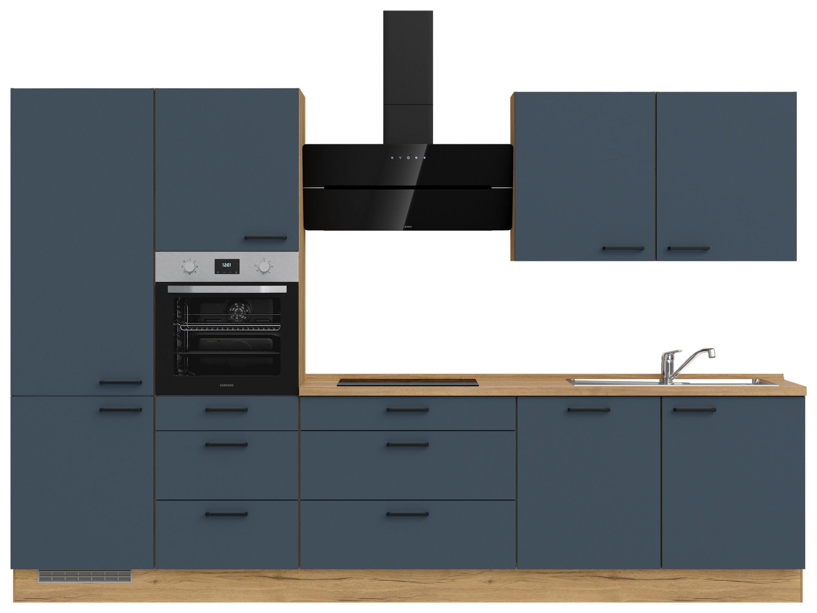KÜCHENBLOCK 330 cm   in Eichefarben, Dunkelblau  - Eichefarben/Schwarz, MODERN, Holzwerkstoff/Metall (330cm) - Nobilia