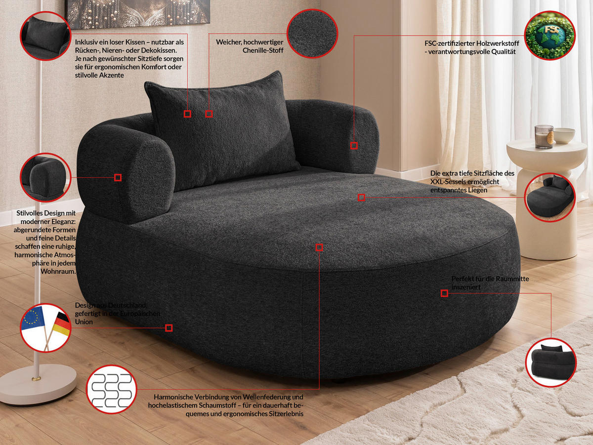 XXL-SESSEL Chenille Schwarz    - Schwarz, Design, Kunststoff/Textil (122/76/156cm) - Livetastic