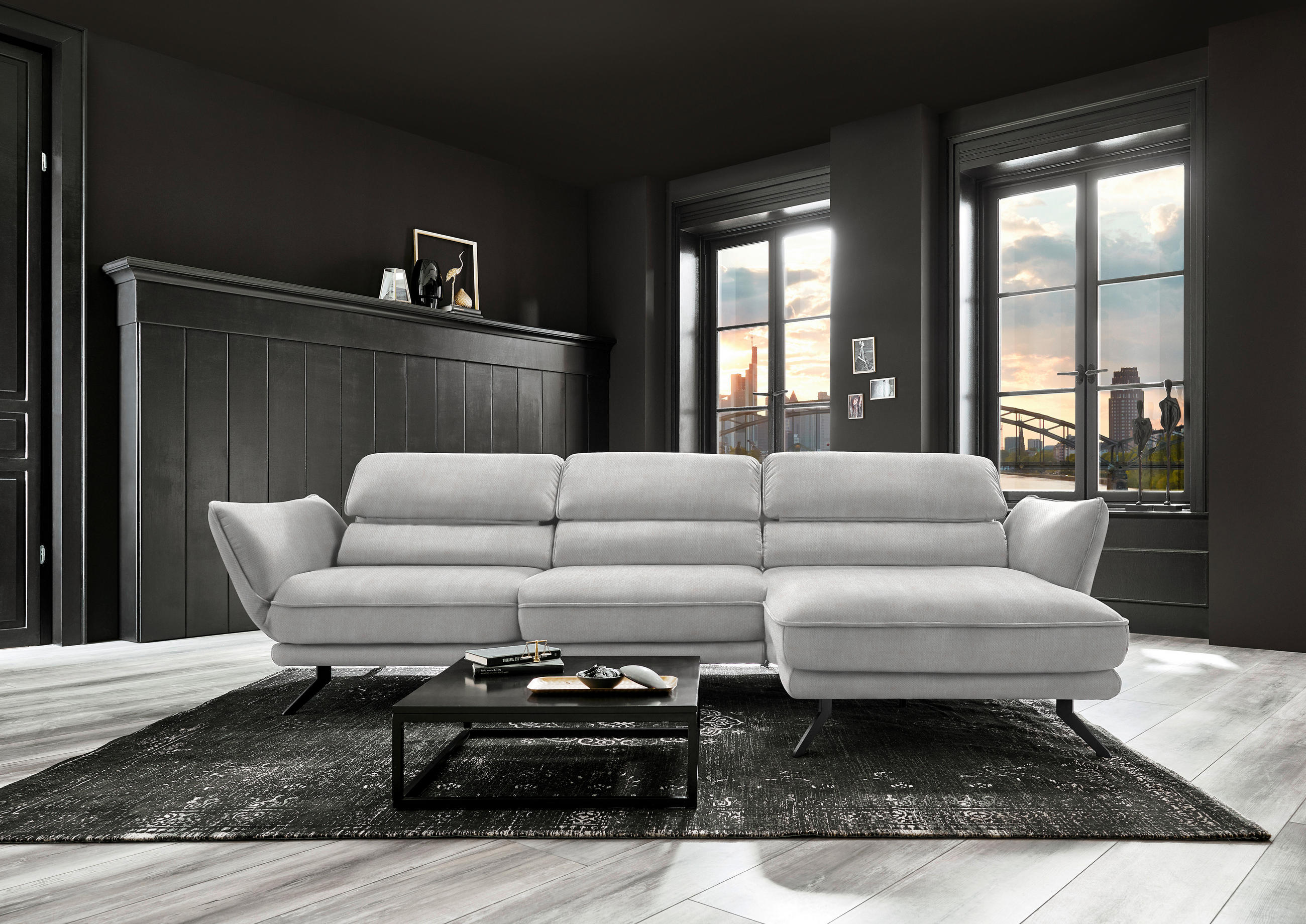 ECKSOFA in Velours Creme  - Creme/Schwarz, Design, Textil/Metall (283/153cm) - Valdera