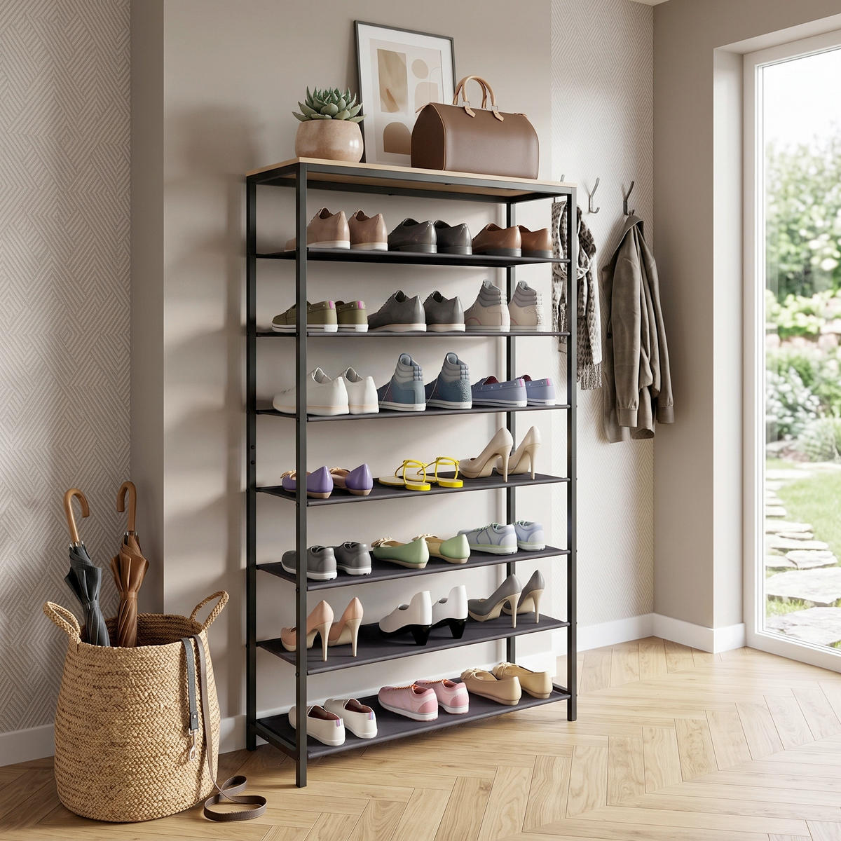 SCHUHREGAL 90/152/30 cm  - Honigeiche/Schwarz, Design, Holzwerkstoff/Metall (90/152/30cm) - MID.YOU