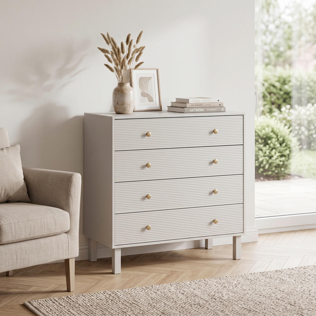 KOMMODE Madu, 94/91/52 cm, 4 Schublade(n)  - Goldfarben/Hellgrau, Design, Holz/Metall (94/91/52cm) - Livetastic