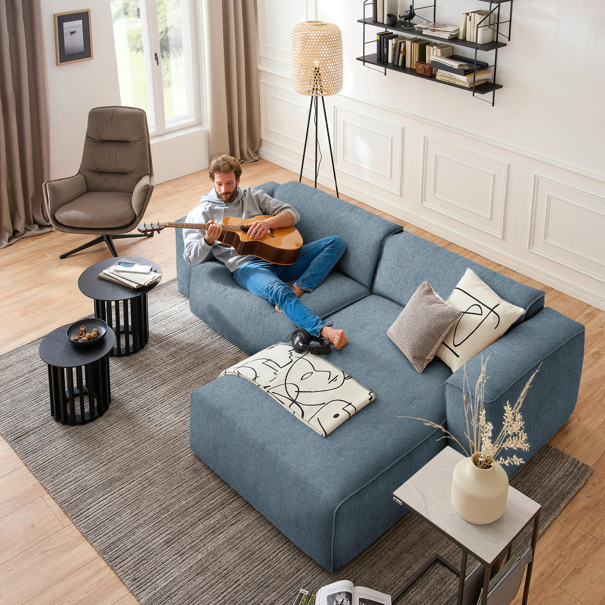 ECKSOFA in Webstoff Blau  265/171 cm  - Blau/Schwarz, Design, Kunststoff/Textil (265/171cm) - home24