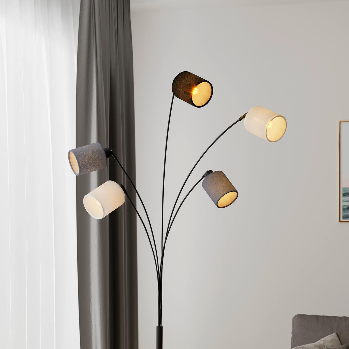 STOJACÍ LAMPA, 90/200 cm  - šedá/černá, Design, kov/textil (90/200cm) - Novel