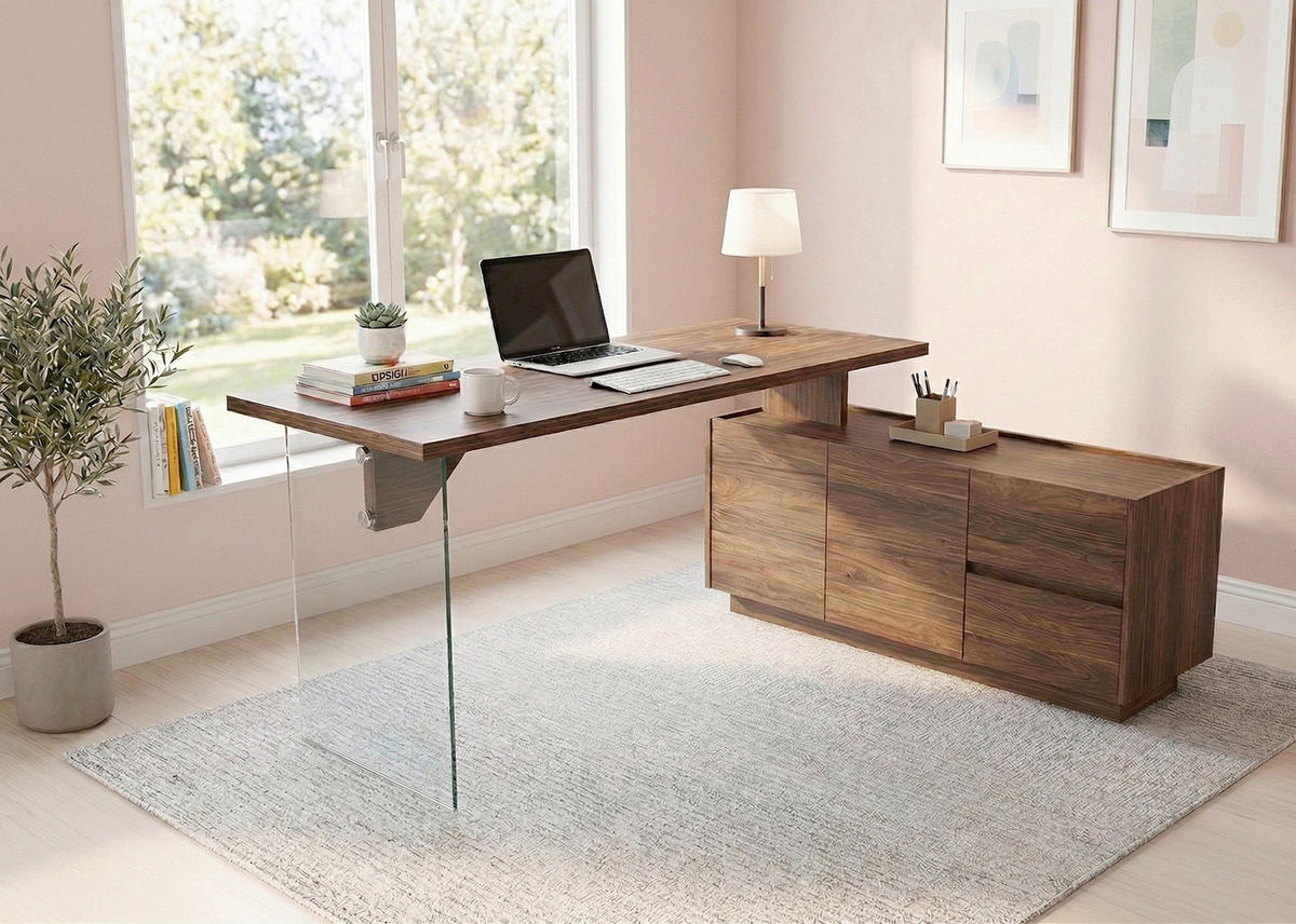 ECKSCHREIBTISCH 160/136/74 cm Walnussfarben Stauraum, seitenverkehrt montierbar  - Eichefarben/Walnussfarben, Design, Glas/Holzwerkstoff (160/136/74cm) - MID.YOU