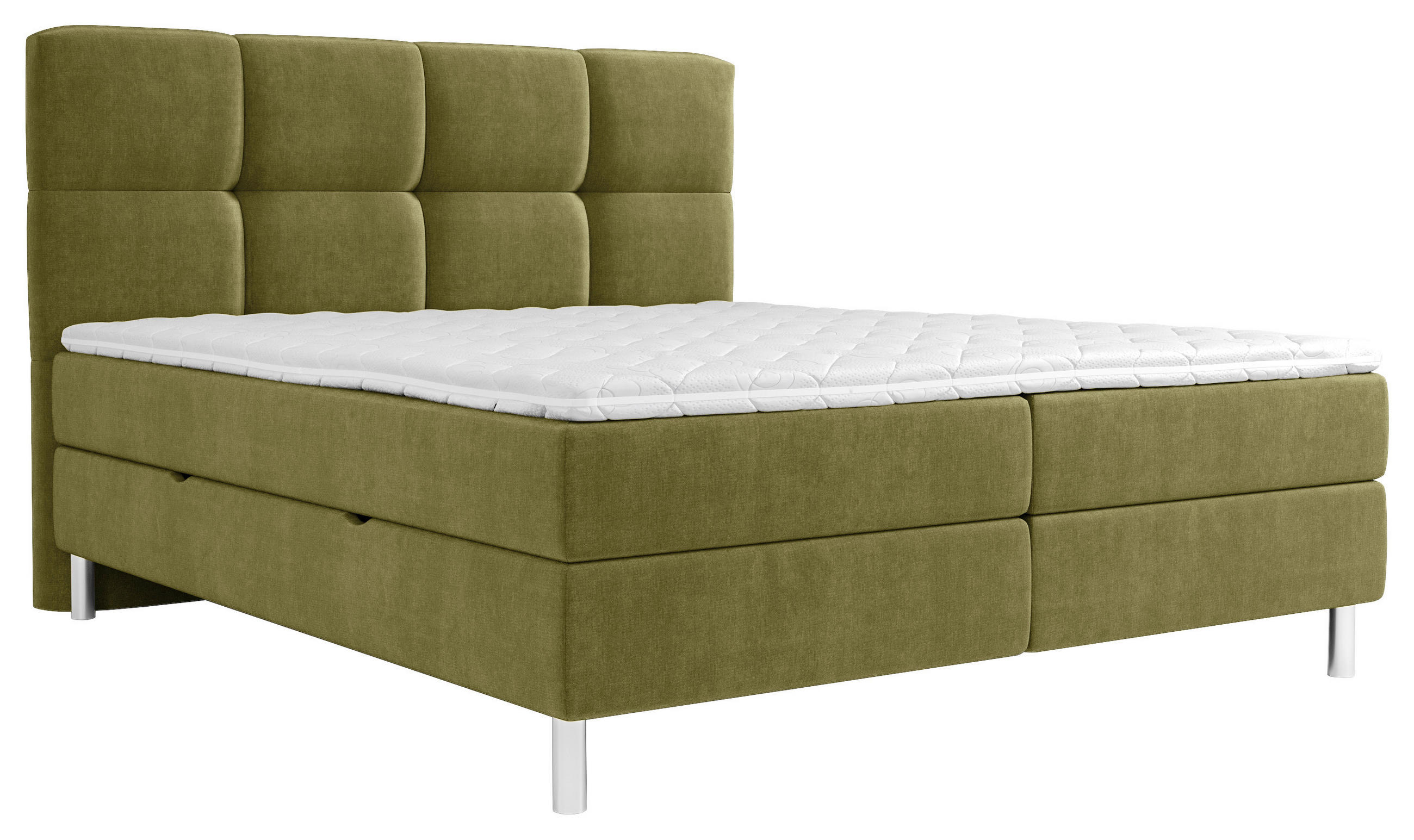 BOXBETT 160/200 cm,  in Olivgrün, gepolstertes Kopfteil, Bettkasten, Topper, H3 = fest  - Chromfarben/Olivgrün, Design, Holz/Holzwerkstoff (160/200cm) - Esposa