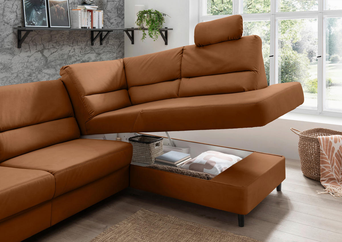ECKSOFA in Lederlook Cognac  - Cognac/Schwarz, Modern, Holz/Textil (266/190cm) - Livetastic