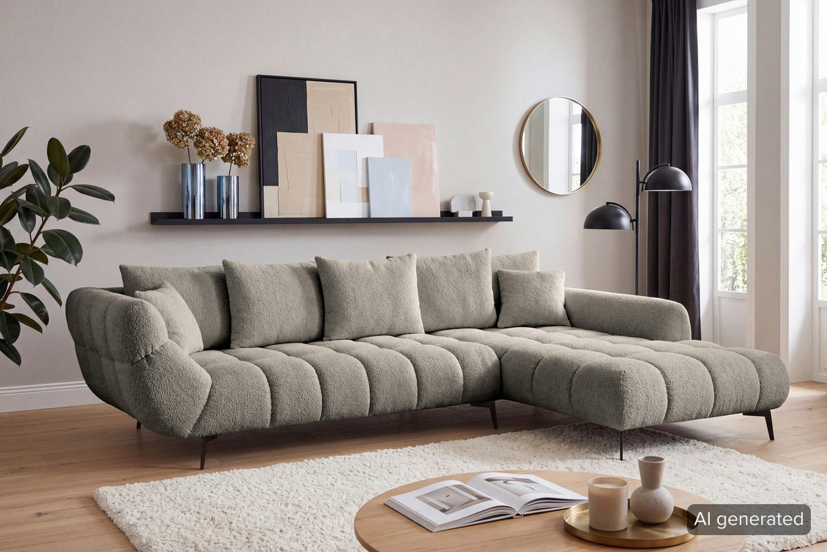 ECKSOFA 318/217 cm  in Bouclé Graubraun Zierkissen, Rückenkissen, Rücken echt  318/217 cm  - Graubraun/Schwarz, MODERN, Textil/Metall (318/217cm) - Carryhome