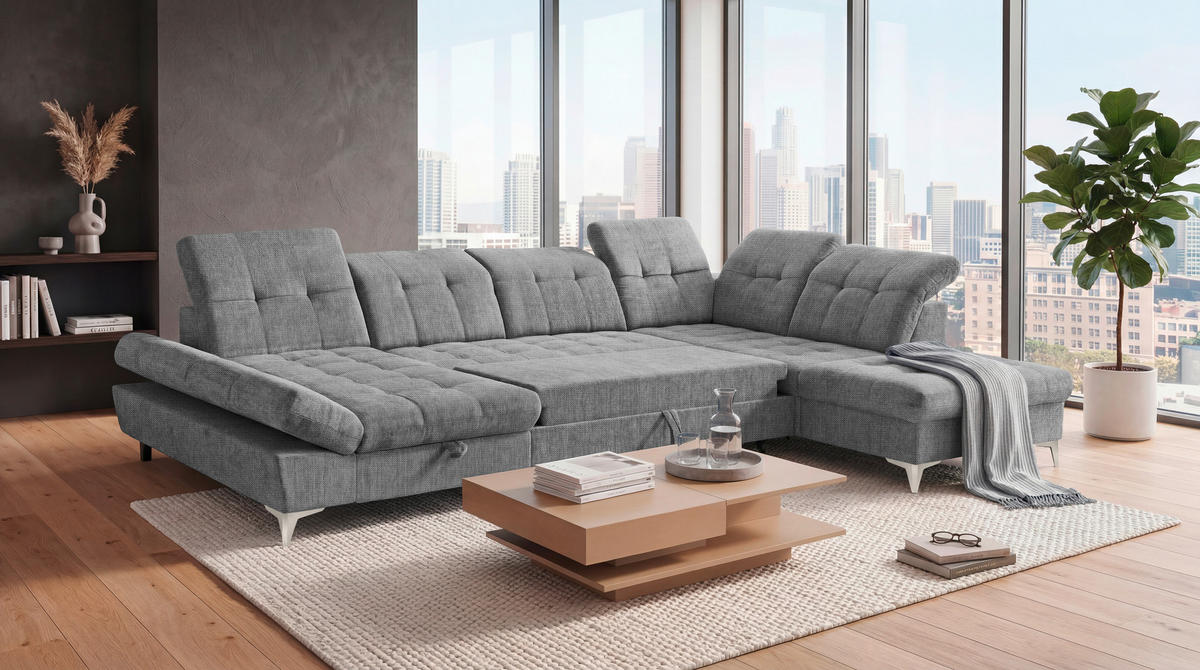 WOHNLANDSCHAFT MERCY Grau Mikrovelours  - Kaschmir/Grau, MODERN, Kunststoff/Textil (169/348/245cm) - MID.YOU