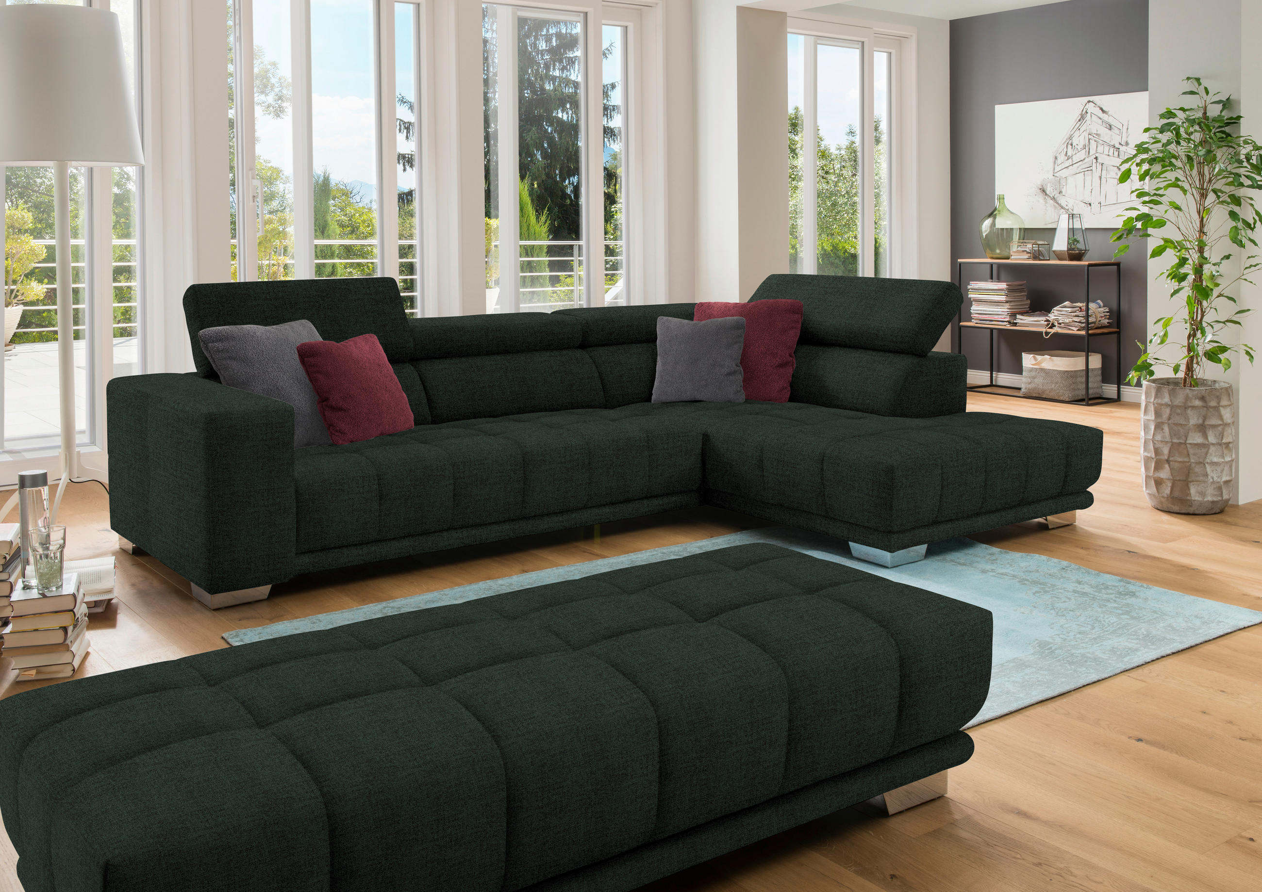 ECKSOFA in Chenille Schwarz  - Chromfarben/Schwarz, Design, Textil (301/207cm) - Xora