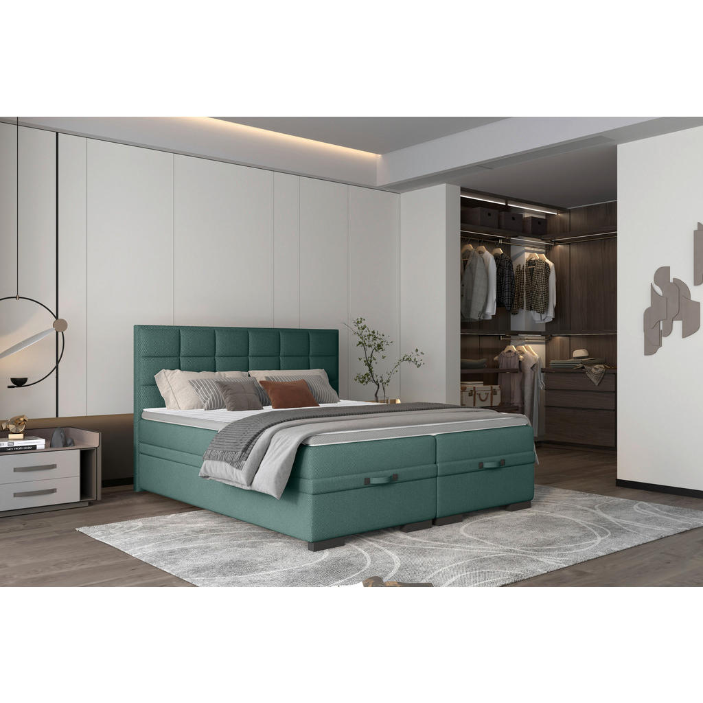 Thumbnail - home24 Boxspringbett, Dunkelgrün, Textil, H2 + H3, 7-Zonen, Höhe ca. 17 cm, 180x200 cm, Fsc, Reach, Made in EU, Oeko-Tex...