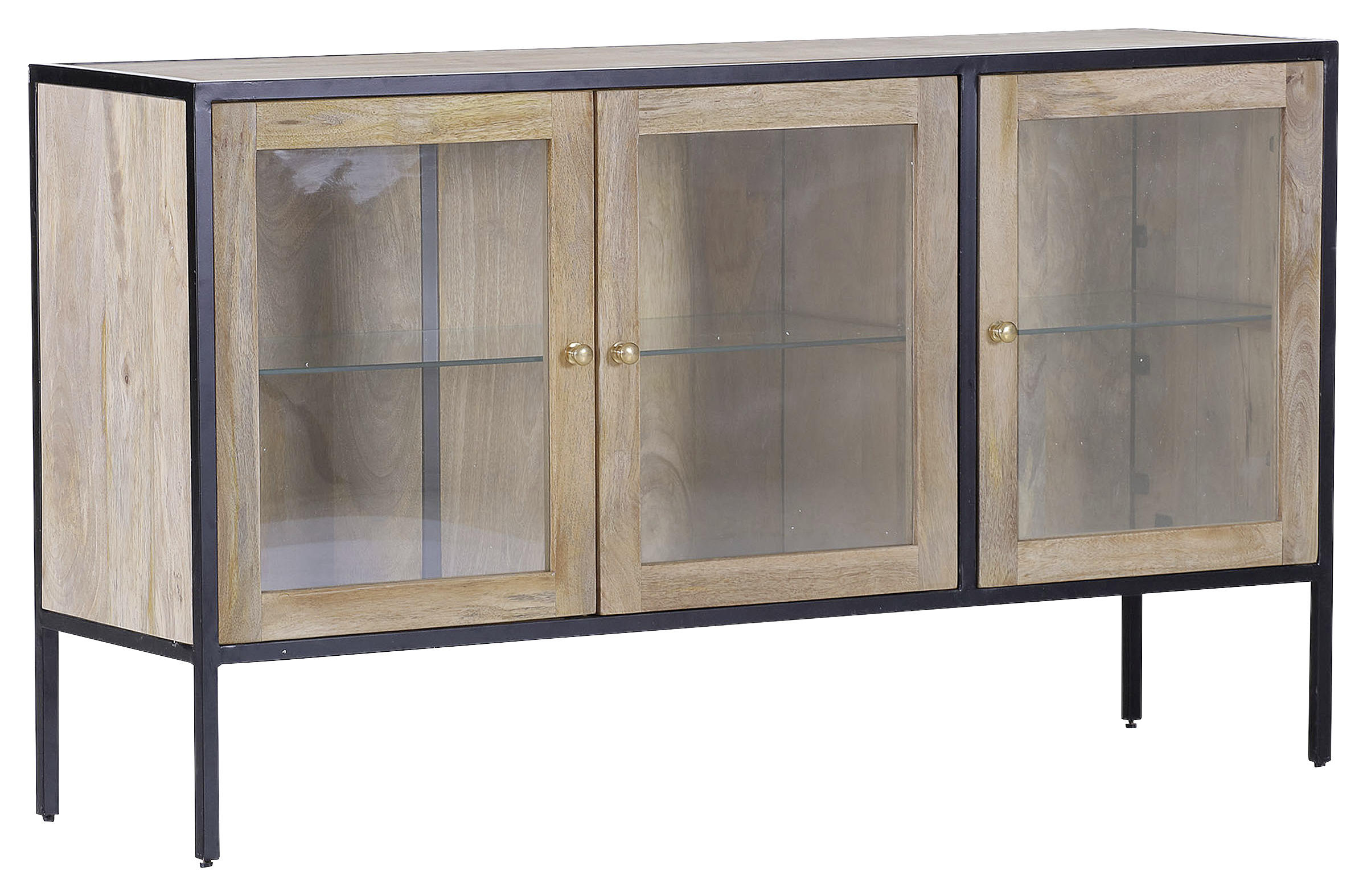 SIDEBOARD Mangoholz massiv Naturfarben, Schwarz  - Goldfarben/Schwarz, Trend, Glas/Holz (140/80/42cm) - Livetastic