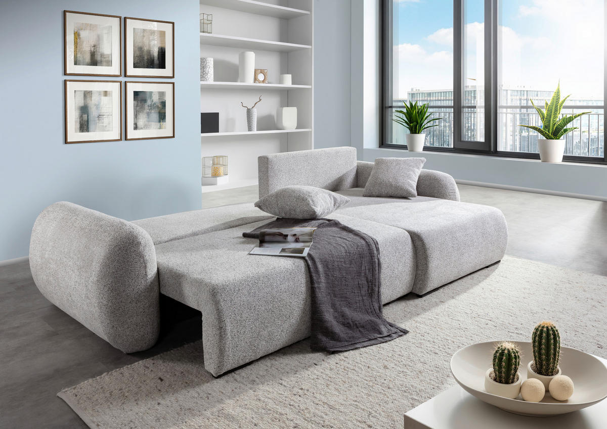ECKSOFA Grau Flachgewebe Zierkissen, Rückenkissen, Bettkasten, Schlaffunktion, Rücken echt, Liegefläche im Originalstoff  - Schwarz/Grau, KONVENTIONELL, Kunststoff/Textil (145/285cm) - Carryhome