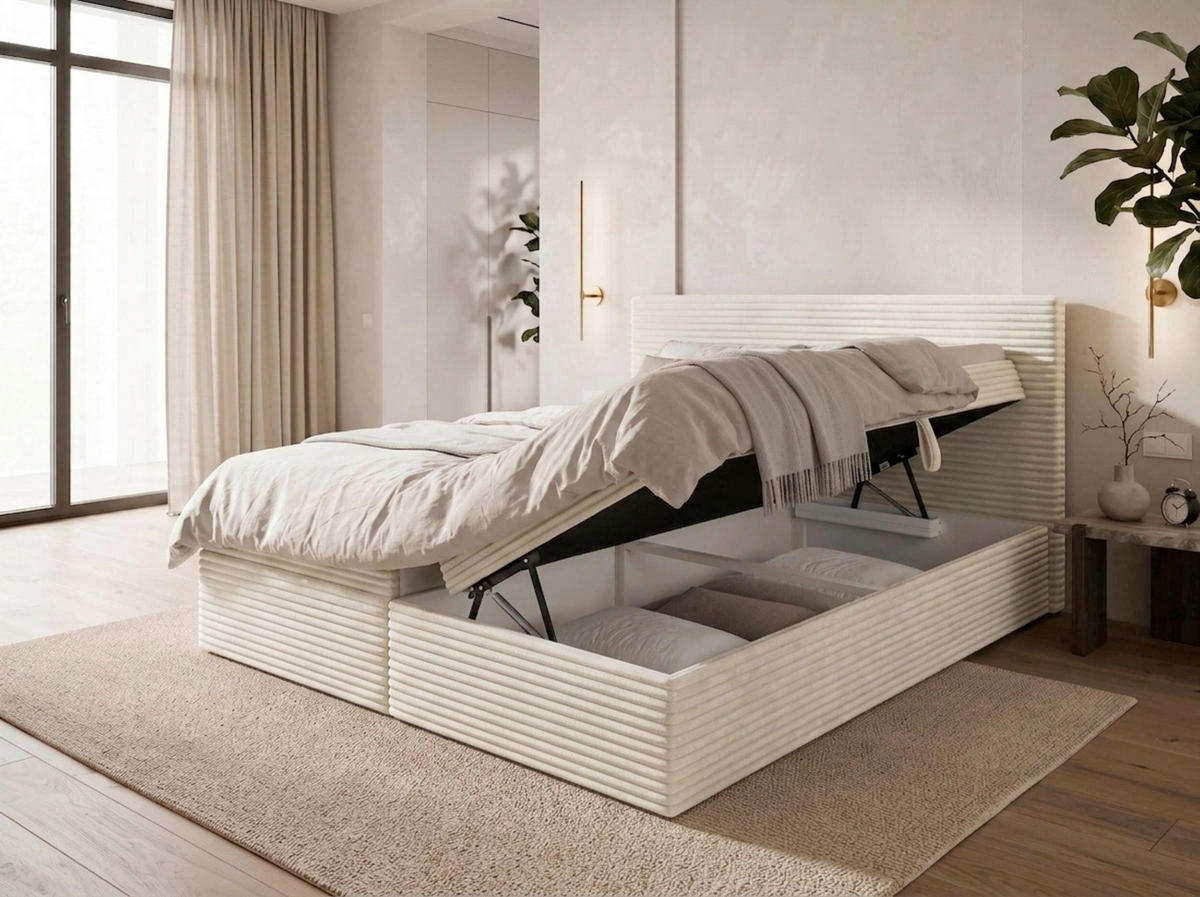 BOXBETT 180/200 cm,  in Creme, Bettkasten, Topper, H3 + H3 = fest  - Chromfarben/Creme, MODERN, Holz/Kunststoff (180/200cm) - MID.YOU