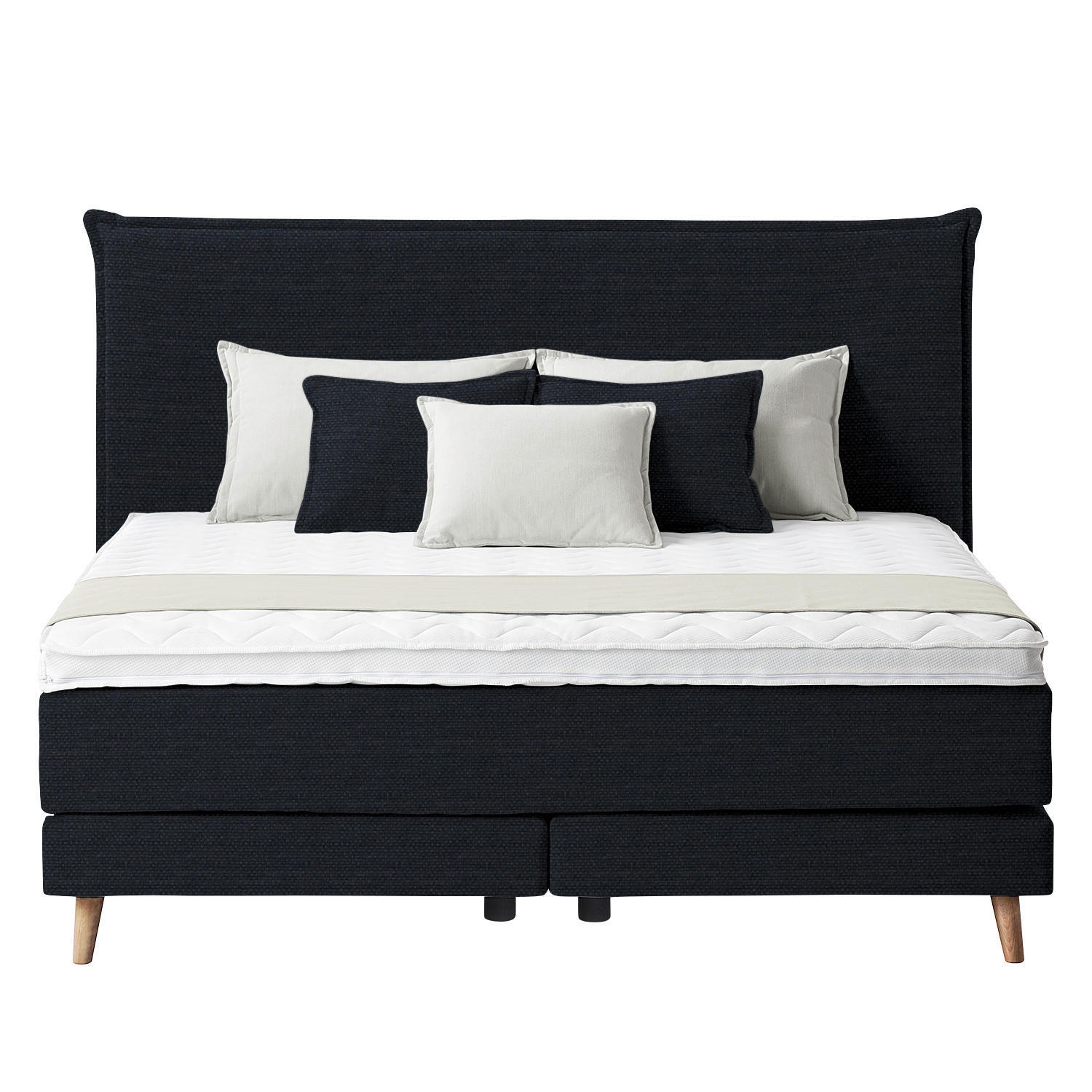 Thumbnail - home24 Boxspringbett, Schwarz, Textil, H2, 7-Zonen, Höhe ca. 21 cm, 140x200 cm, gepolstertes Kopfteil, Topper durchgehen...