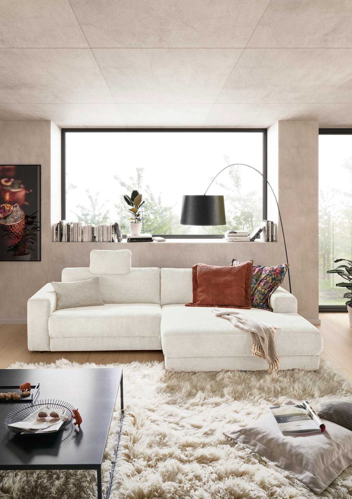ECKSOFA inkl. Relaxfunktion Naturfarben Cord  - Schwarz/Naturfarben, Design, Kunststoff/Textil (296/168cm) - Pure Home Lifestyle