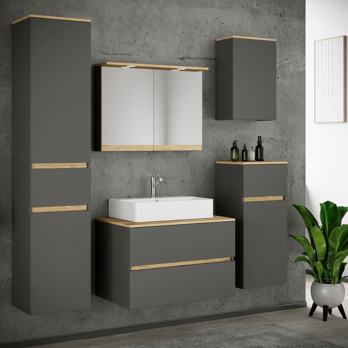BADEZIMMER 6-teilig  in 160 cm  - Honigeiche/Anthrazit, Trend, Keramik/Holzwerkstoff (160cm) - MID.YOU