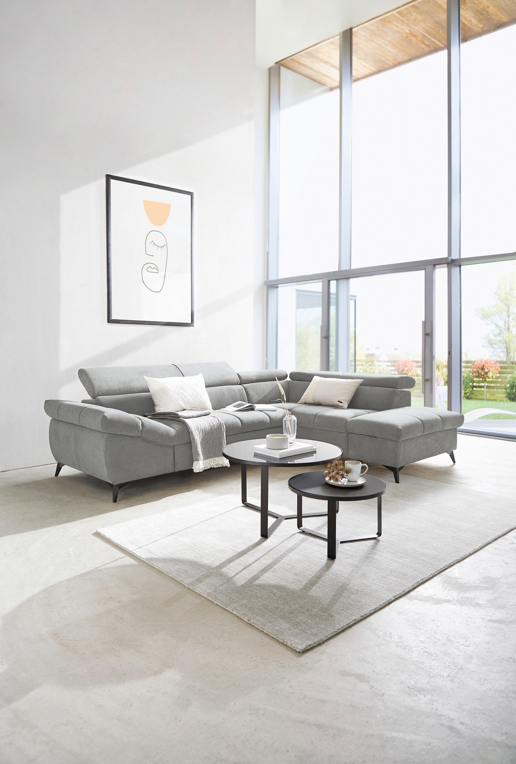 ECKSOFA in Mikrofaser Hellgrau  - Hellgrau/Schwarz, Design, Kunststoff/Textil (279/210cm) - Livetastic