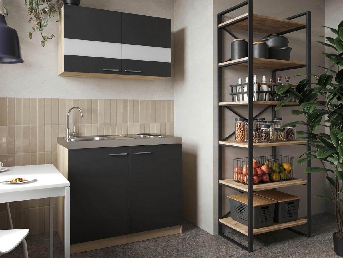 MINIKÜCHE 100 cm   in Schwarz, Eichefarben  - Eichefarben/Silberfarben, Basics, Glas/Holzwerkstoff (100cm) - Respekta