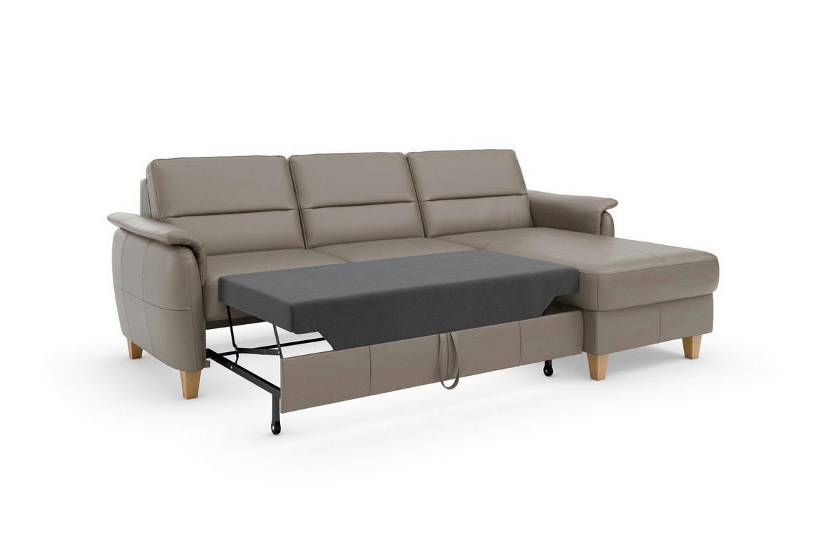 ECKSOFA PALMERA E Grau Kombination Echtleder/Stoff Mikrofaser Bettkasten  - Eichefarben/Grau, Basics, Leder/Holz (244/163cm) - Sit & More