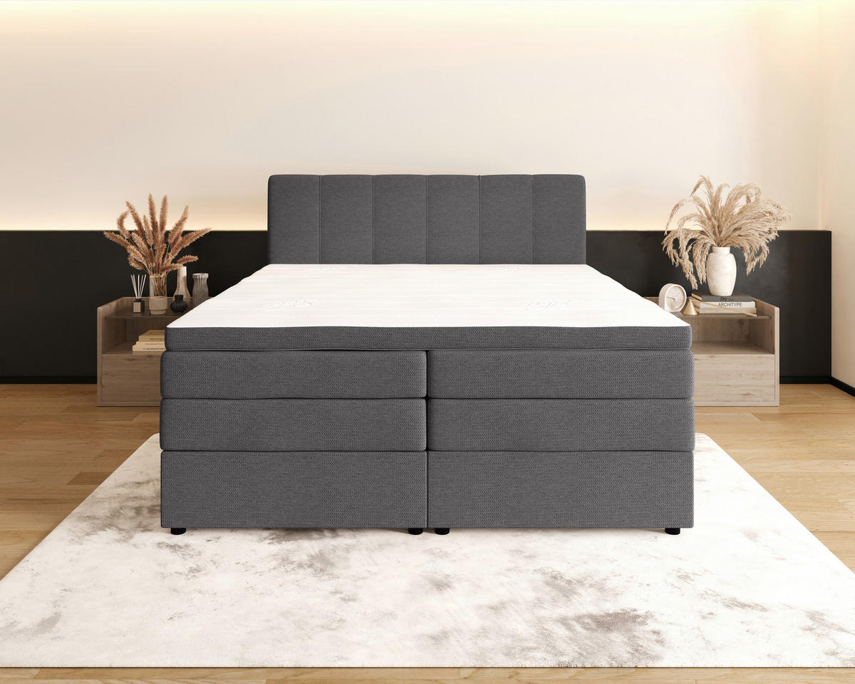 BOXSPRINGBETT 200/200 cm,  in Anthrazit, gepolstertes Kopfteil, Bettkasten, Topper, Matratzen, H2 + H3 = mittel + fest  - Anthrazit/Schwarz, KONVENTIONELL, Kunststoff/Textil (200/200cm) - Esposa
