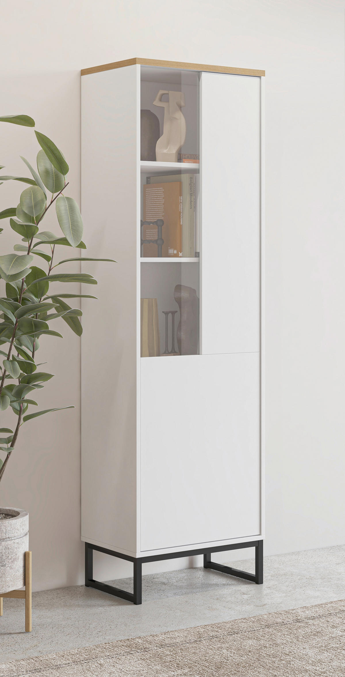 VITRINE Alto in Weiß, Eichefarben  - Eichefarben/Schwarz, Design, Glas/Holzwerkstoff (53,4/180,7/36,5cm) - MID.YOU