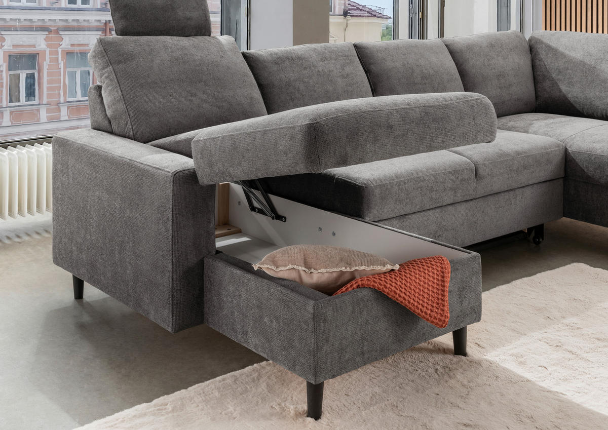 WOHNLANDSCHAFT in Chenille Dunkelgrau  - Dunkelgrau/Schwarz, Modern, Holz/Textil (153/305/200cm) - Livetastic