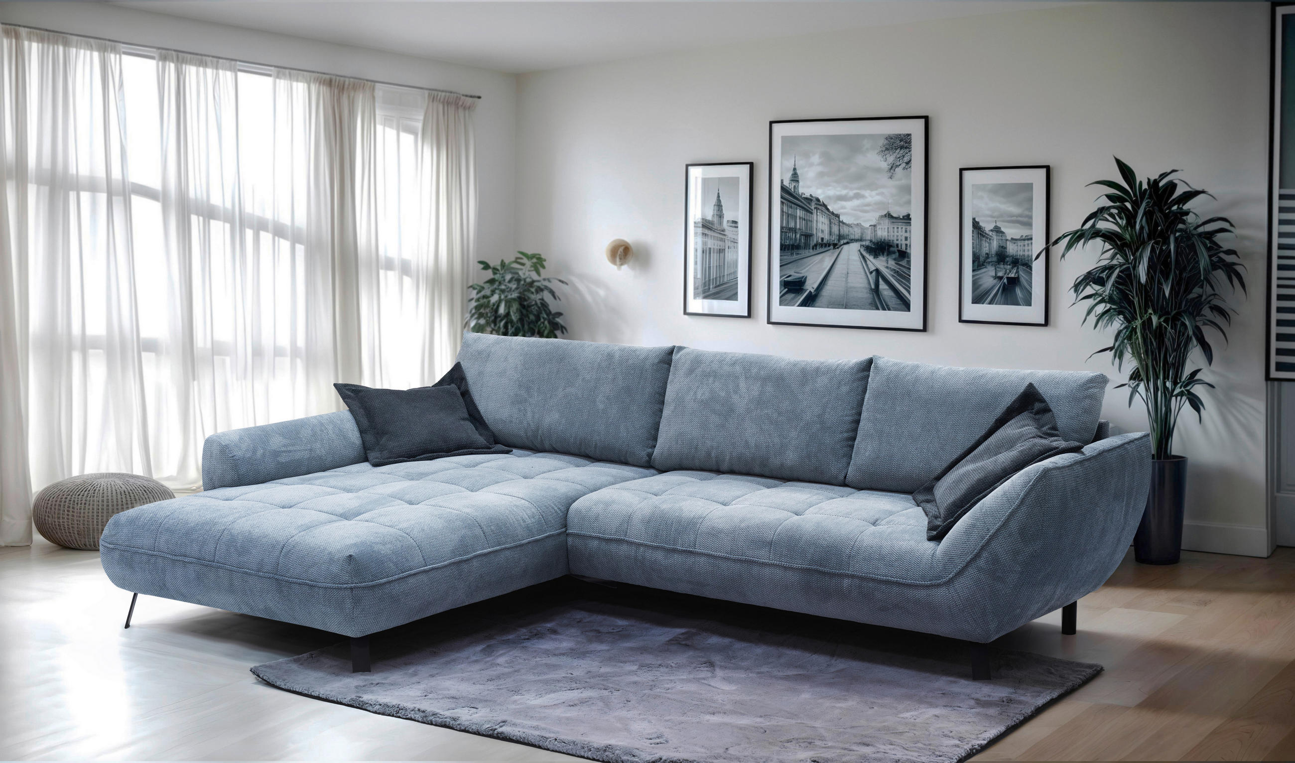 ECKSOFA in Struktur Blau  - Blau/Schwarz, Design, Textil/Metall (205/324cm) - Livetastic