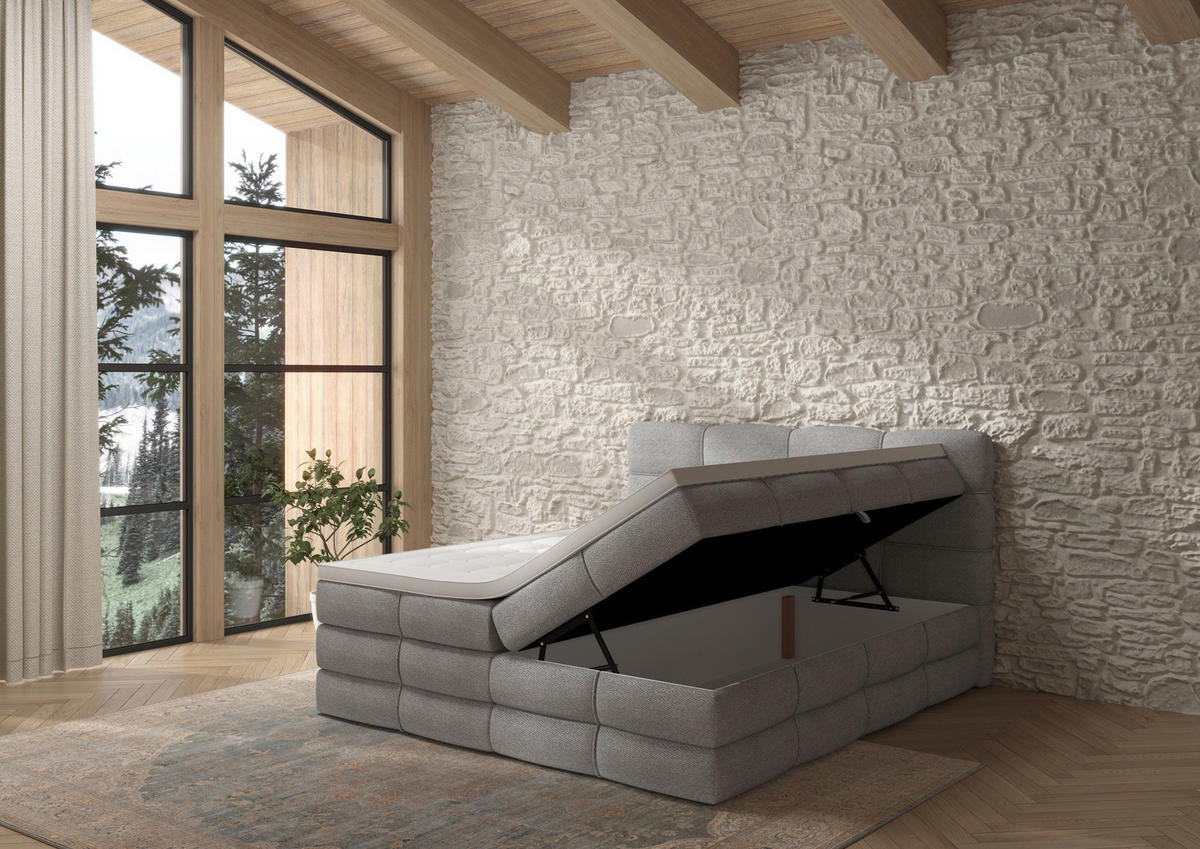 BOXSPRINGBETT 160/200 cm,  in Grau, gepolstertes Kopfteil, Bettkasten, Topper, Matratzen, H3 + H3 = fest  - Schwarz/Grau, Design, Kunststoff/Textil (160/200cm) - Chameo