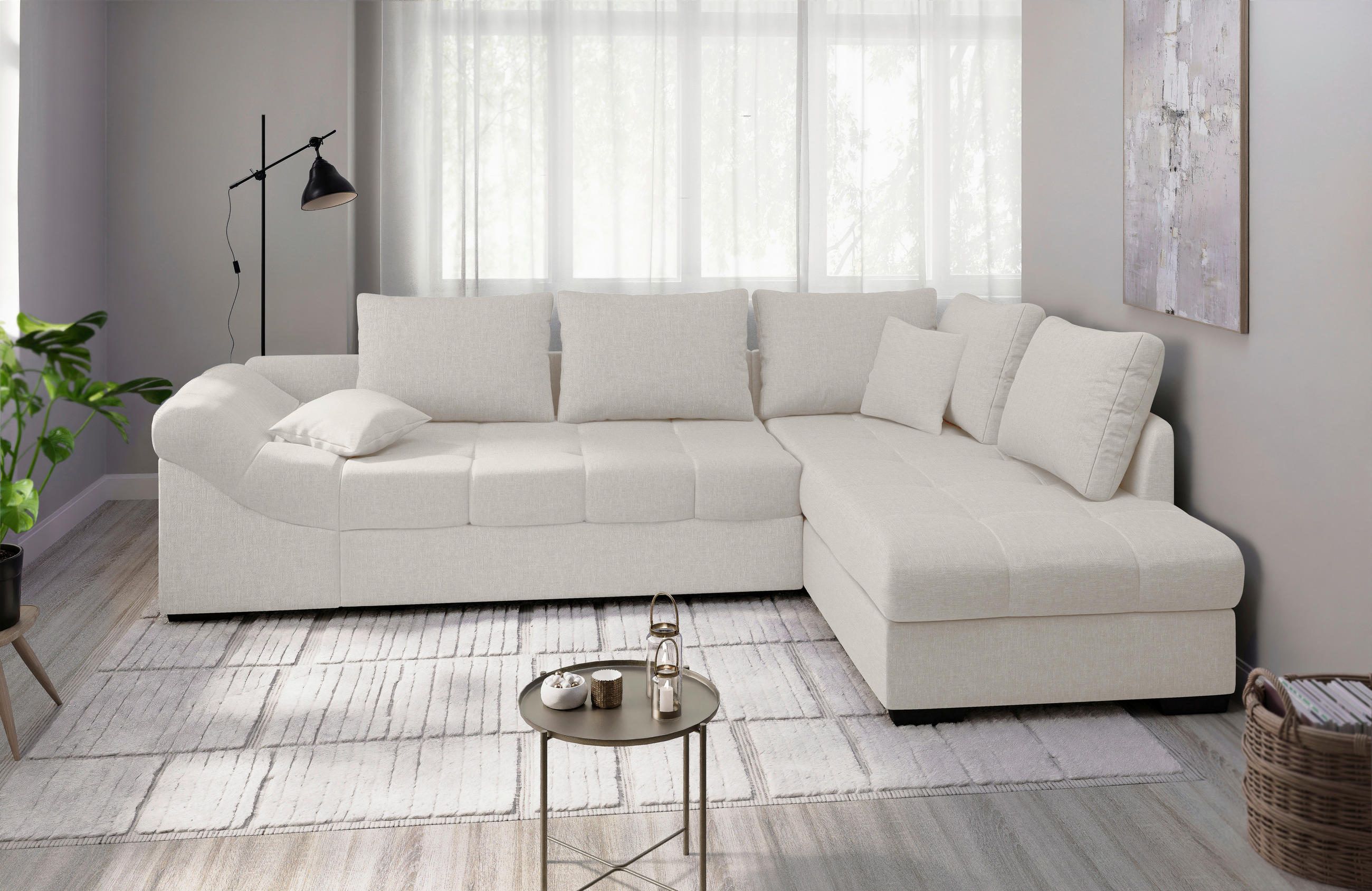 ECKSCHLAFSOFA in Weiss Textil   - Weiss/Schwarz, Modern, Holz/Textil (298/202cm) - MID.YOU