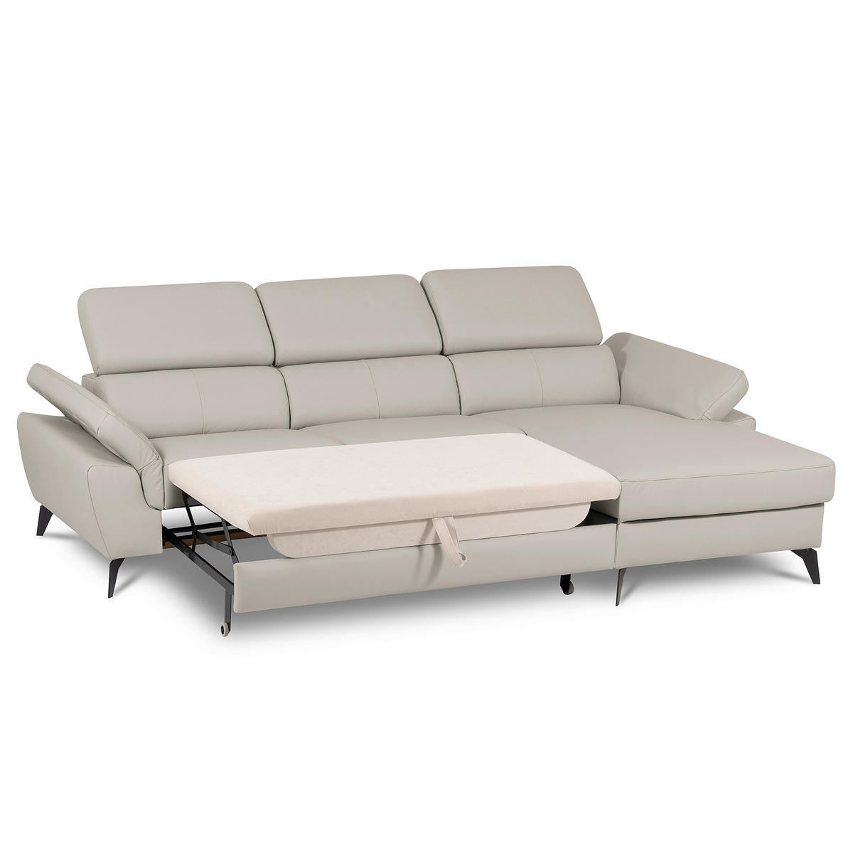 ECKSOFA SONO in Lederlook Echtleder Platinfarben Bettkasten, Armteilverstellung, Kopfteilverstellung  252/179 cm  - Platinfarben/Schwarz, Design, Leder/Textil (252/179cm) - Livetastic