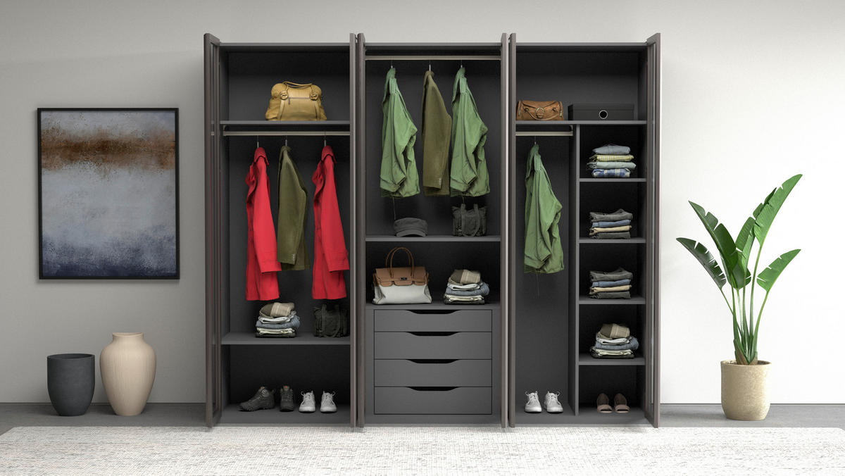 KLEIDERSCHRANK 251/220/60 cm,  in Anthrazit, 6-türig  - Anthrazit, KONVENTIONELL, Glas/Holzwerkstoff (251/220/60cm) - Chameo
