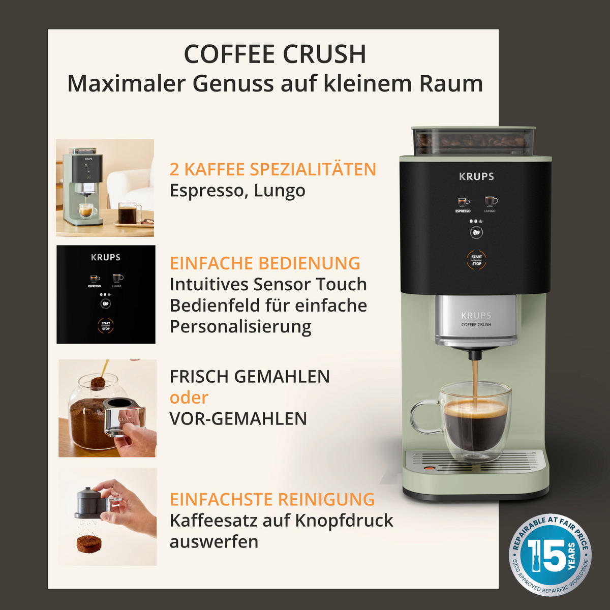 KAFFEEVOLLAUTOMAT Coffee Crush  - Salbeigrün, Basics, Kunststoff (38.5/18.5/41cm) - Krups