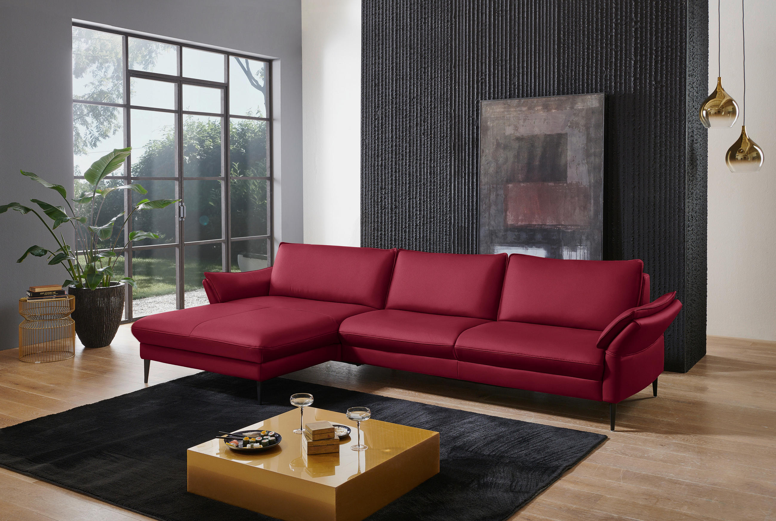ECKSOFA in Echtleder Rot  172/334 cm  - Rot/Schwarz, Design, Leder/Metall (172/334cm) - Valdera