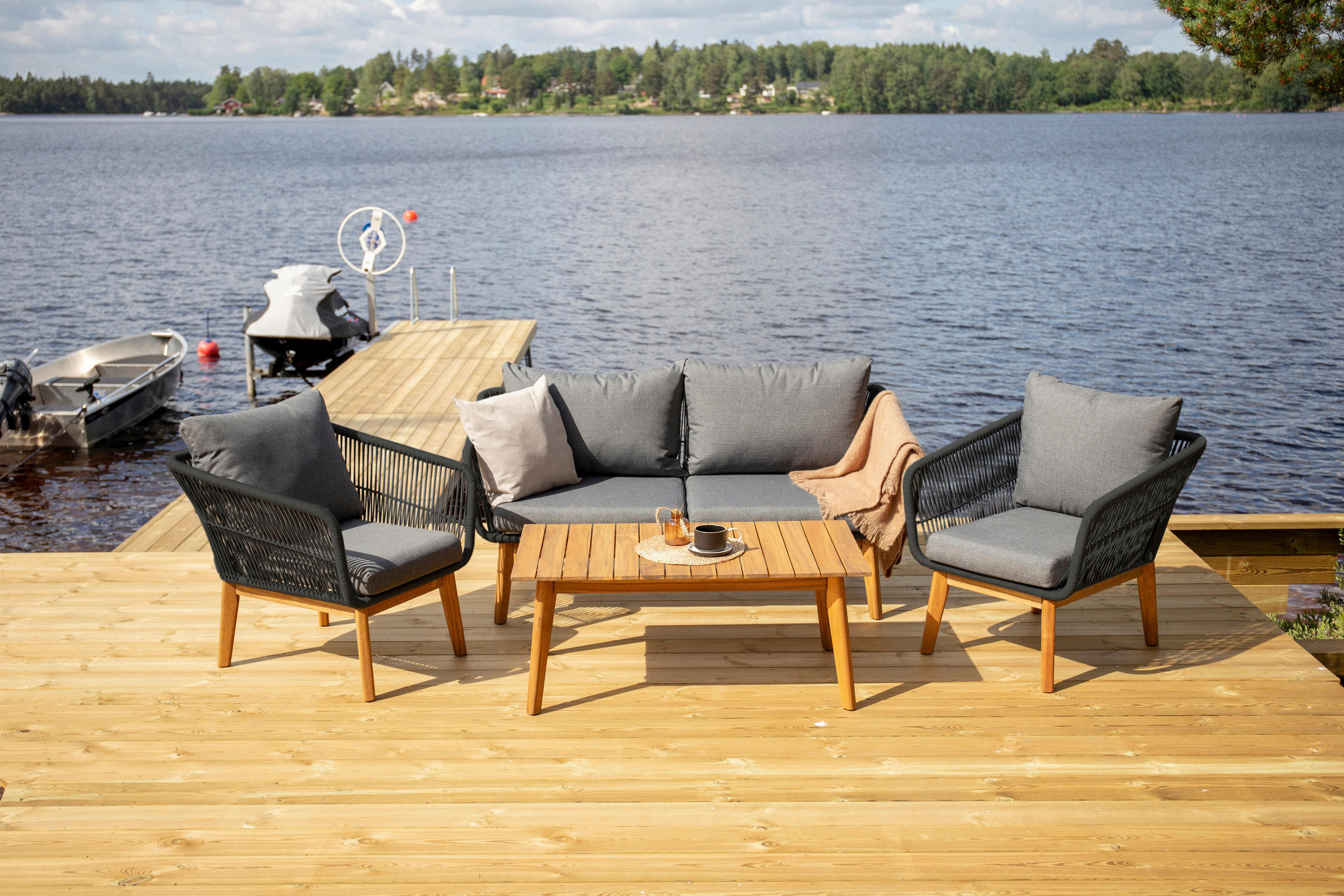 Gardenson Loungegarnitur Akazie, Dunkelgrau, Schwarz