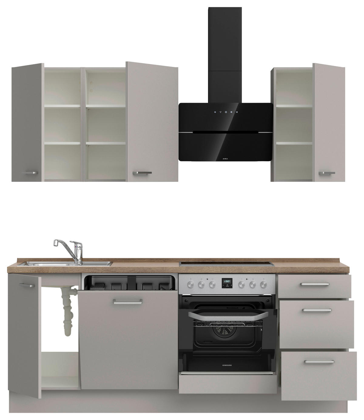 KÜCHENBLOCK 210 cm   in Grau, Eiche dunkel  - Eiche dunkel/Edelstahlfarben, MODERN, Holzwerkstoff/Metall (210cm) - Nobilia