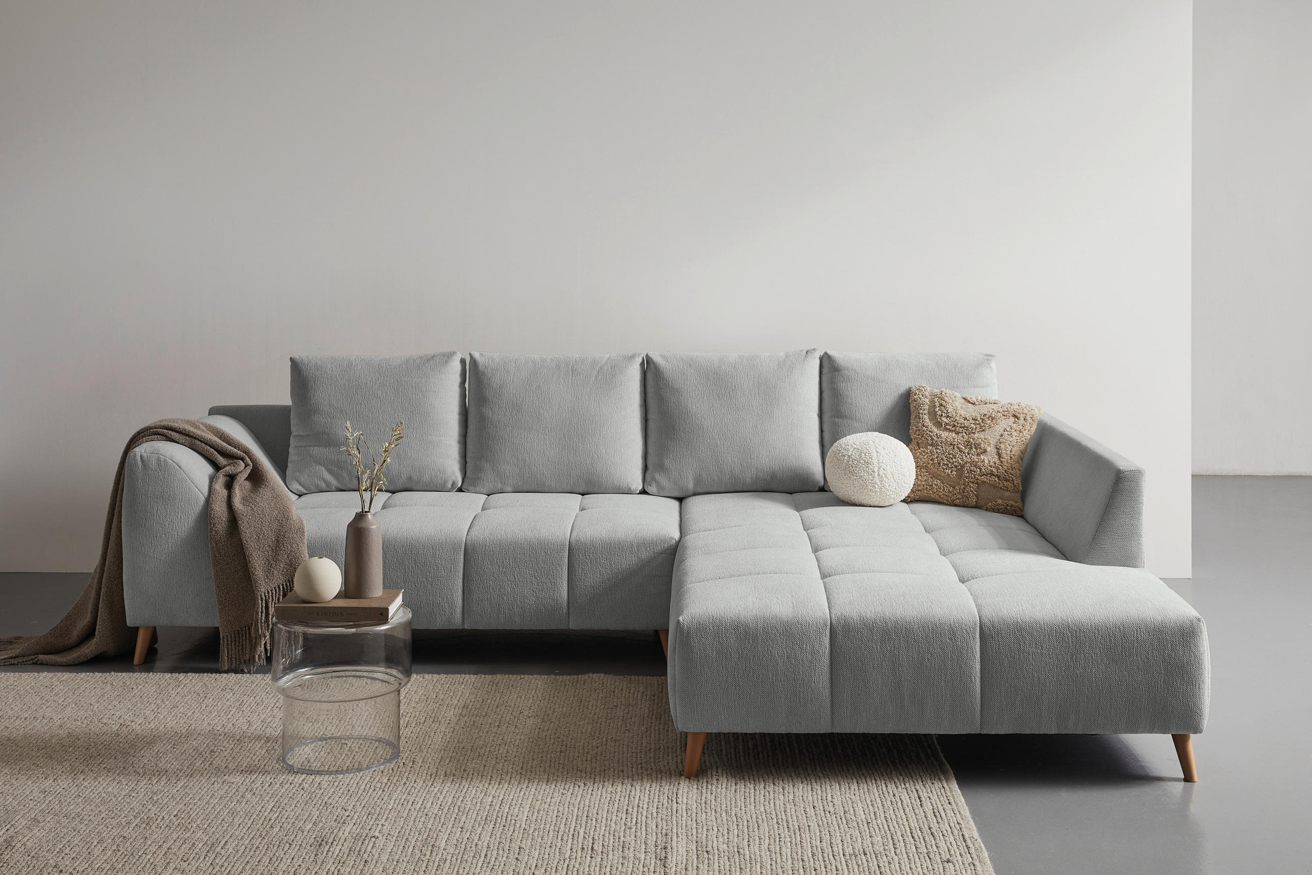 ECKSOFA Grau Flachgewebe  - Buchefarben/Grau, KONVENTIONELL, Holz/Textil (306/202cm) - Carryhome