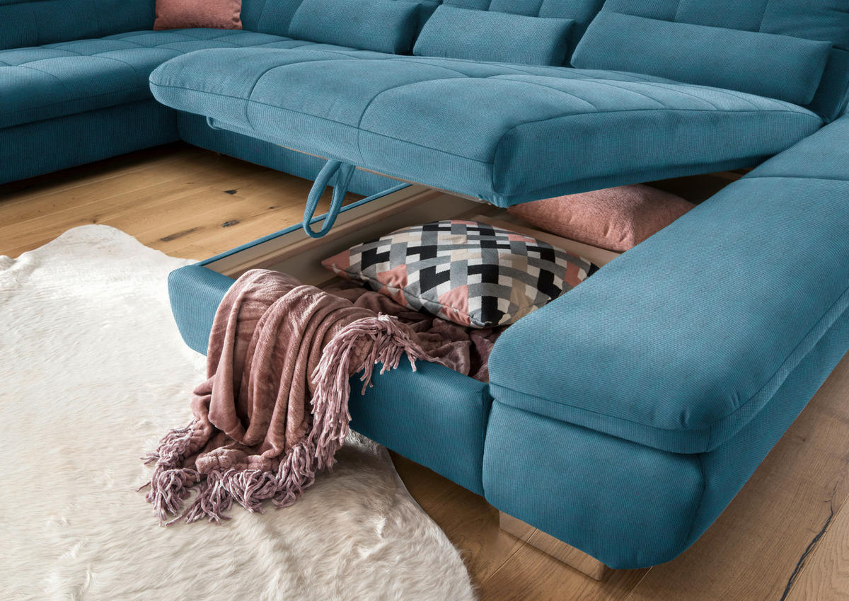 WOHNLANDSCHAFT in Mikrofaser Blau  - Chromfarben/Blau, Design, Kunststoff/Textil (211/350/204cm) - Xora