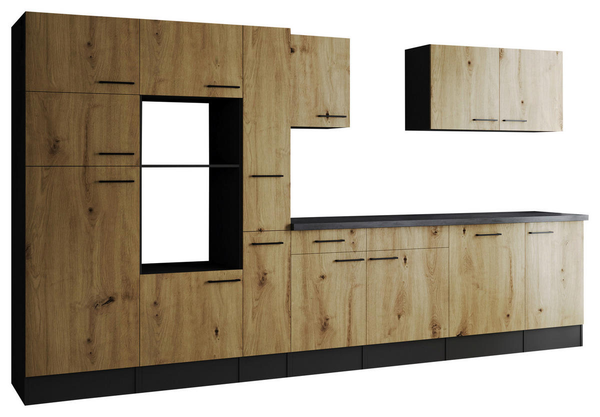 KONYHABLOKK GÉPEK NÉLKÜL  - fekete/Artisan tölgy, Design, faalapú anyag/fém (370cm) - Respekta