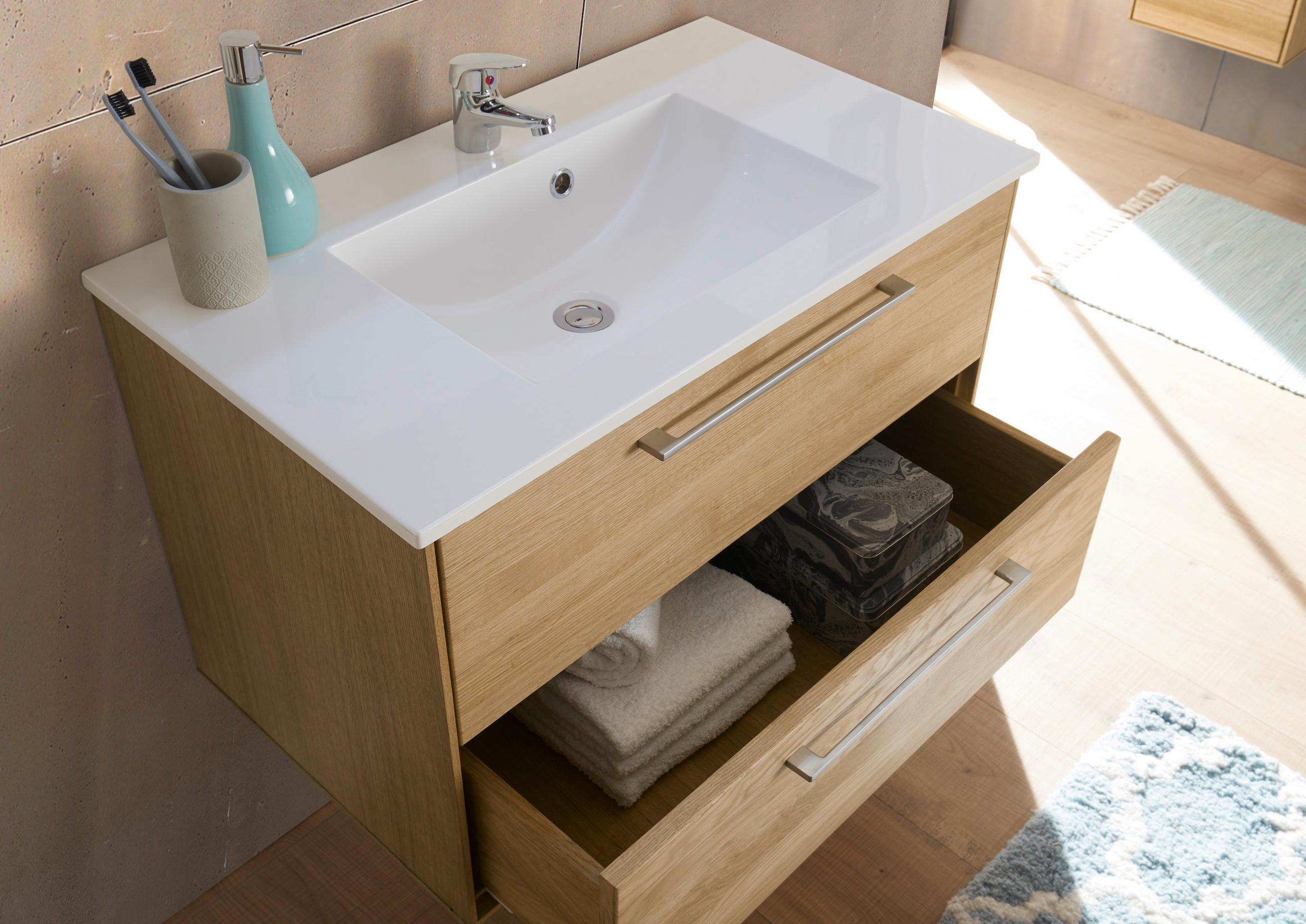 MOSDÓSZEKRÉNY MOSDÓVAL 80/39/47 cm  - tölgyfa színű/ezüstszínű, Natur, faalapú anyag/természetes anyagok (80/39/47cm) - Linea Natura