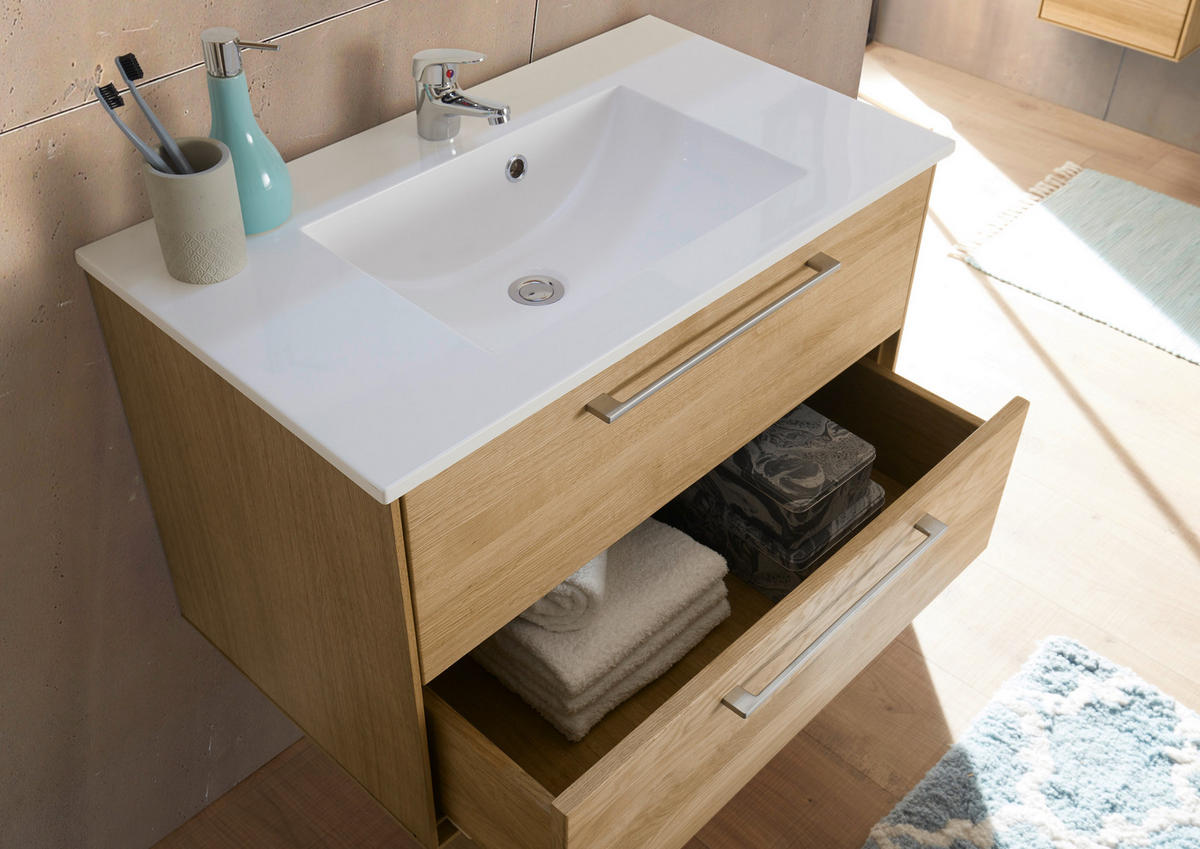 MOSDÓSZEKRÉNY MOSDÓVAL 80/39/47 cm  - tölgyfa színű/ezüstszínű, Natur, faalapú anyag/természetes anyagok (80/39/47cm) - Linea Natura