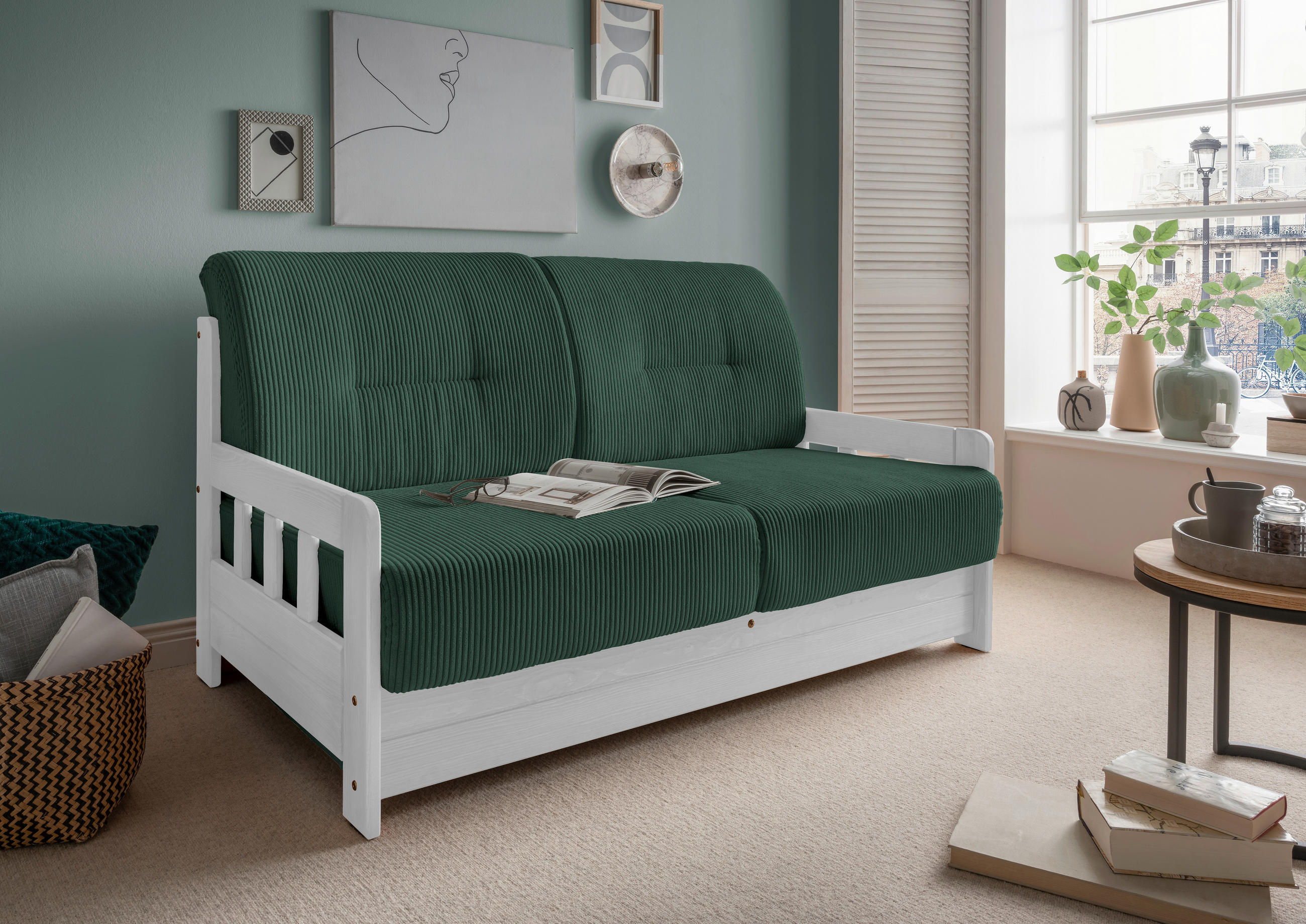 SCHLAFSOFA in Textil Grün  - Weiss/Grün, Modern, Holz/Textil (154/88/90cm) - Livetastic