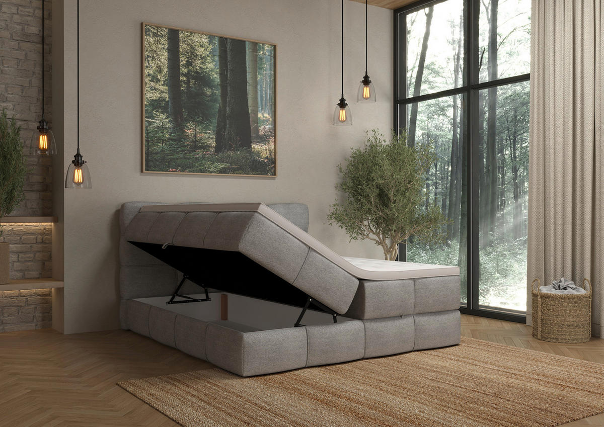 BOXSPRINGBETT 160/200 cm,  in Grau, gepolstertes Kopfteil, Bettkasten, Topper, Matratzen, H3 + H3 = fest  - Schwarz/Grau, Design, Kunststoff/Textil (160/200cm) - Chameo