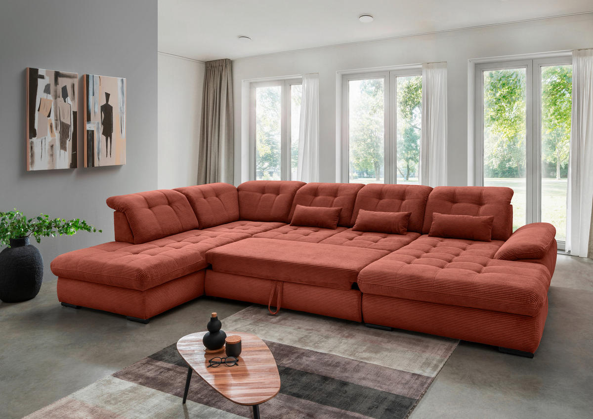 WOHNLANDSCHAFT in Cord Koralle  - Koralle/Schwarz, Modern, Textil/Metall (252/387/184cm) - Livetastic
