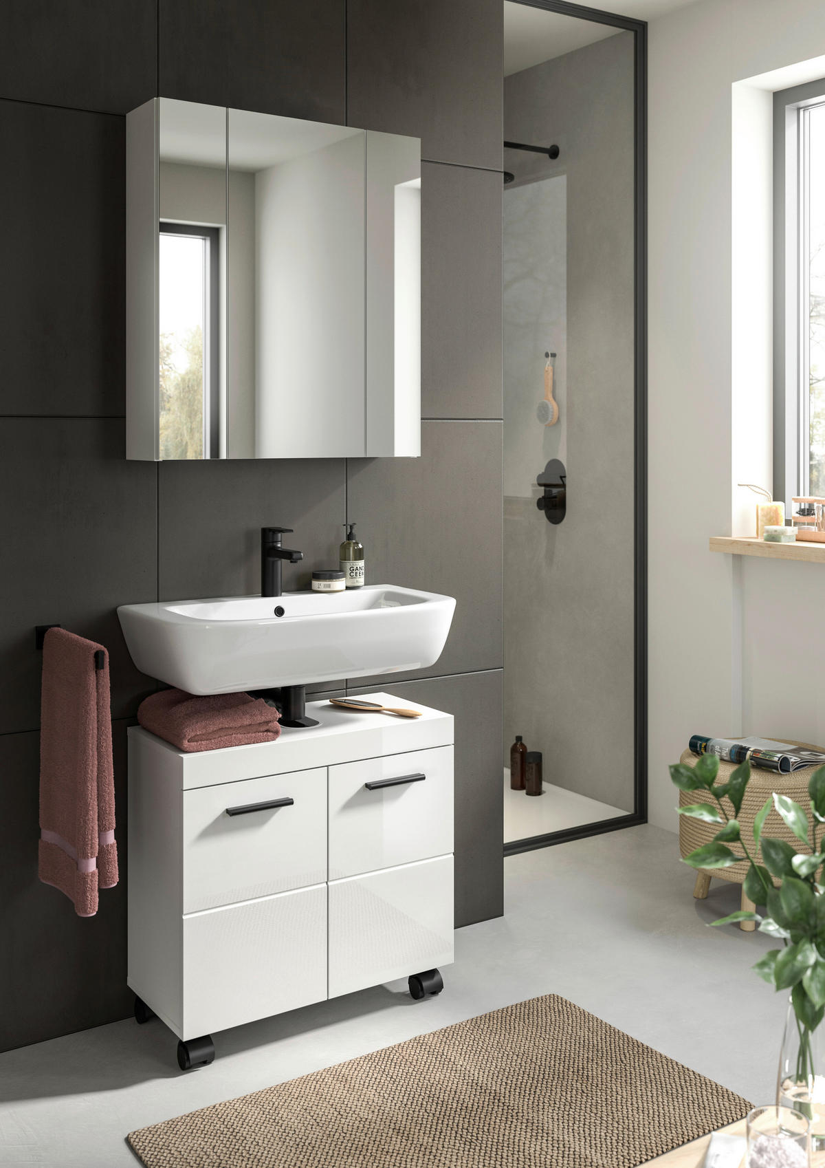 BADEZIMMER 2-teilig  in 60 cm  - Weiß Hochglanz/Schwarz, Trend, Glas/Holzwerkstoff (60cm) - MID.YOU