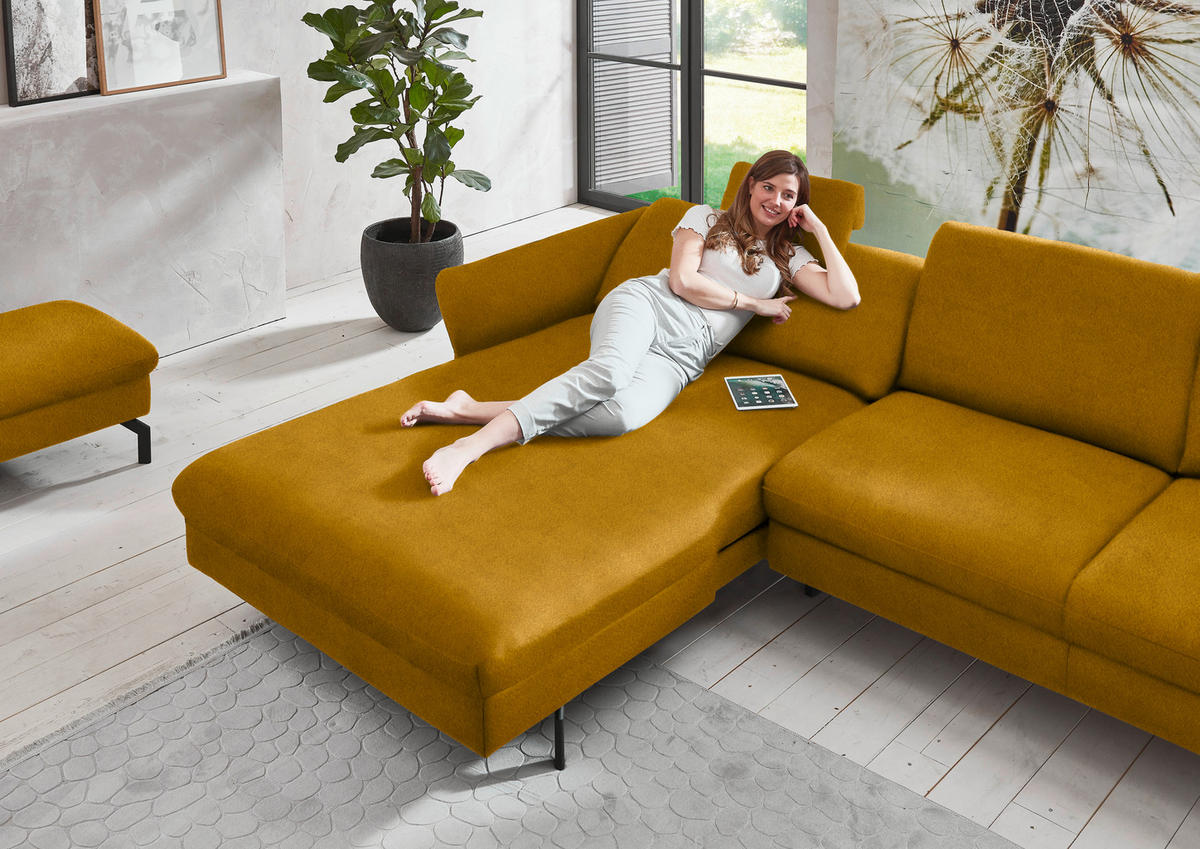 ECKSOFA in Velours Currygelb  - Currygelb/Schwarz, Design, Textil/Metall (179/306cm) - Beldomo System