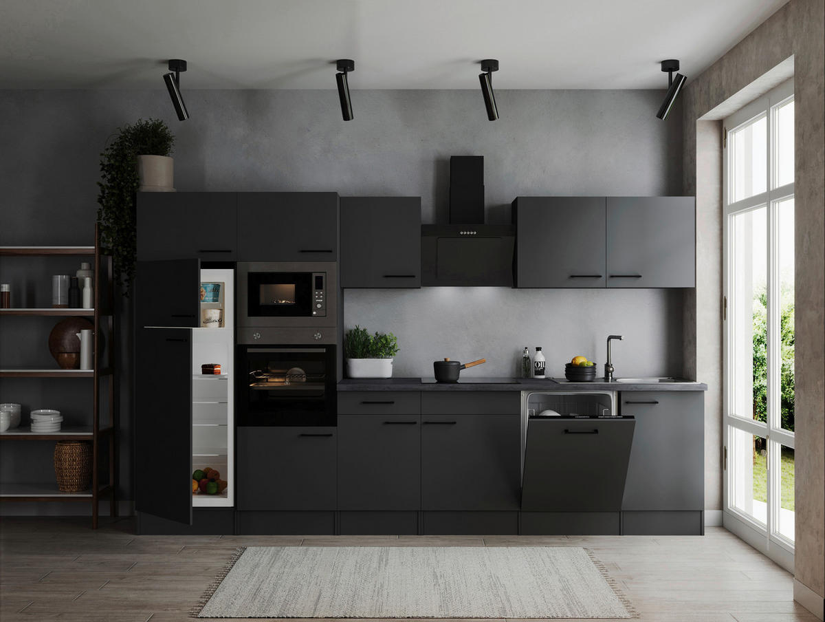 KÜCHENBLOCK 340 cm   in Dunkelgrau  - Dunkelgrau/Schwarz, Design, Holzwerkstoff/Metall (340cm) - Respekta