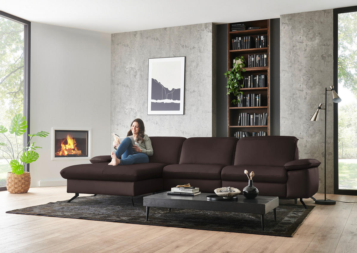 ECKSOFA  Echtleder Braun  - Schwarz/Braun, Design, Leder/Metall (169/307cm) - Beldomo Premium