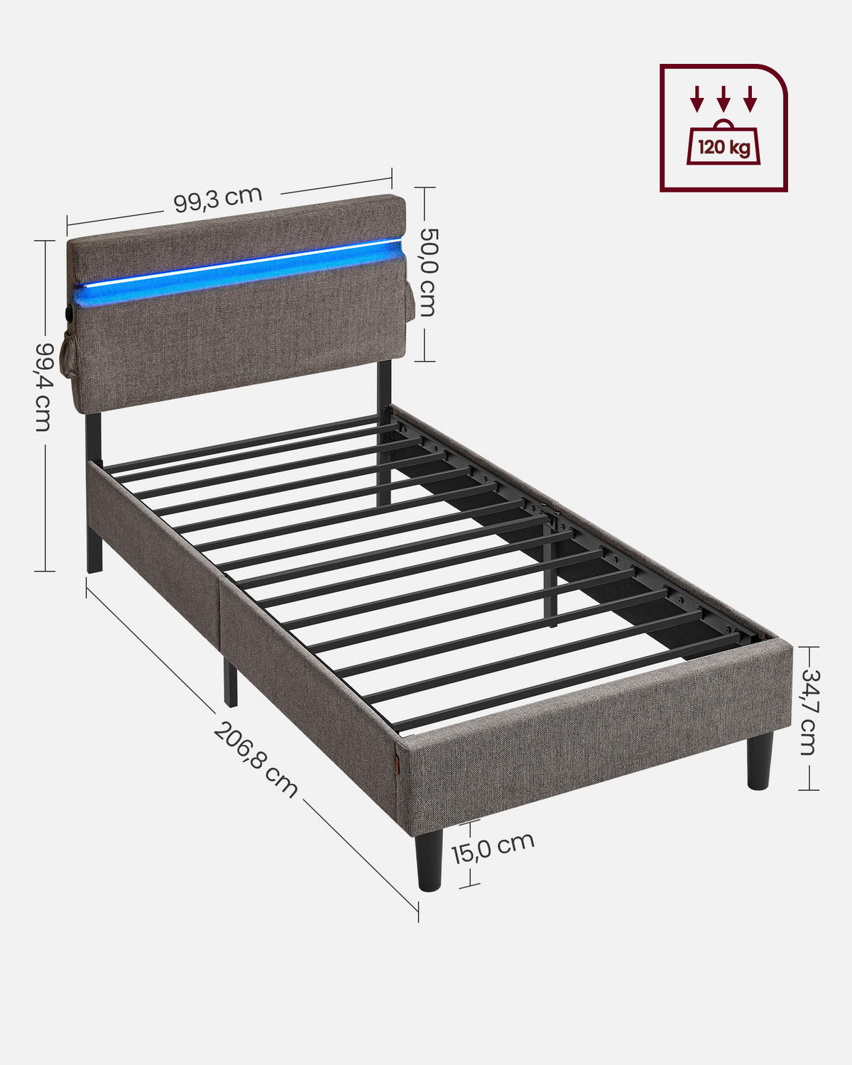 POLSTERBETT 90/200 cm,  in Dunkelgrau, Beleuchtung, Betttasche, Lattenroste, Befestigungsmaterial,  - Dunkelgrau/Schwarz, Basics, Holz/Textil (90/200cm) - Boxxx