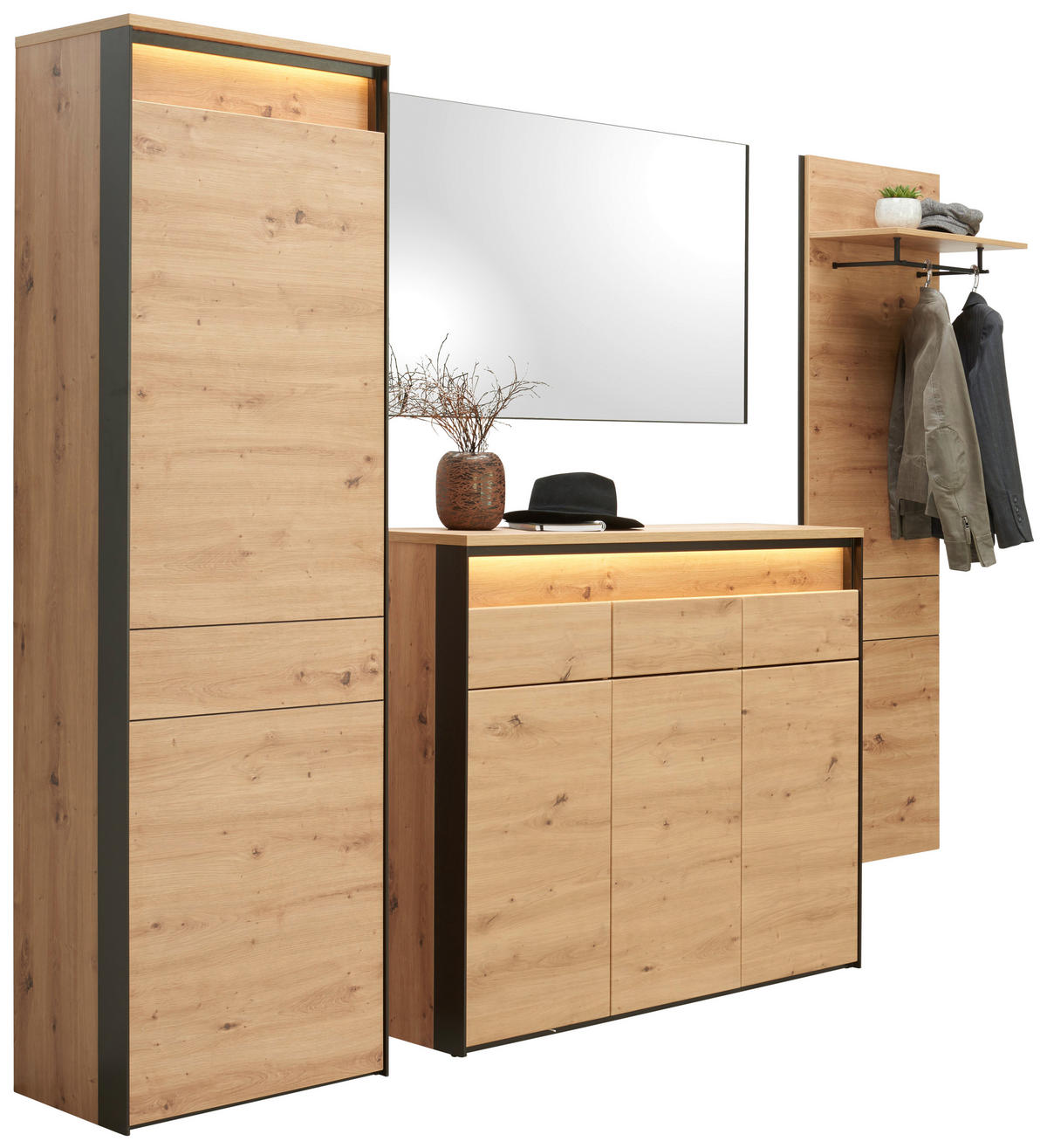 GARDEROBE 4-teilig  in 248/200/38 cm  - Schwarz/Eiche Artisan, KONVENTIONELL, Glas/Holzwerkstoff (248/200/38cm) - Voleo