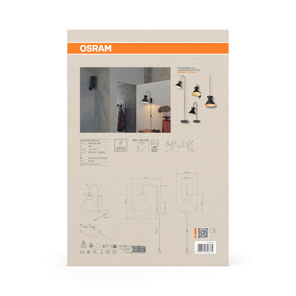 WANDLEUCHTE 20/27,5/34 cm   - Schwarz, Basics, Metall (20/27,5/34cm) - Osram